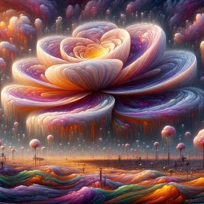 The primary subject of the image is a large, colorful flower with a pink center, surrounded by a field of smaller flowers. The setting is a vibrant, artistic landscape with a mix of colors and patterns. The visual style is a combination of digital art and illustration, creating a surreal and whimsical atmosphere. The dominant colors are pink, orange, and purple, with the overall mood being lively and imaginative.